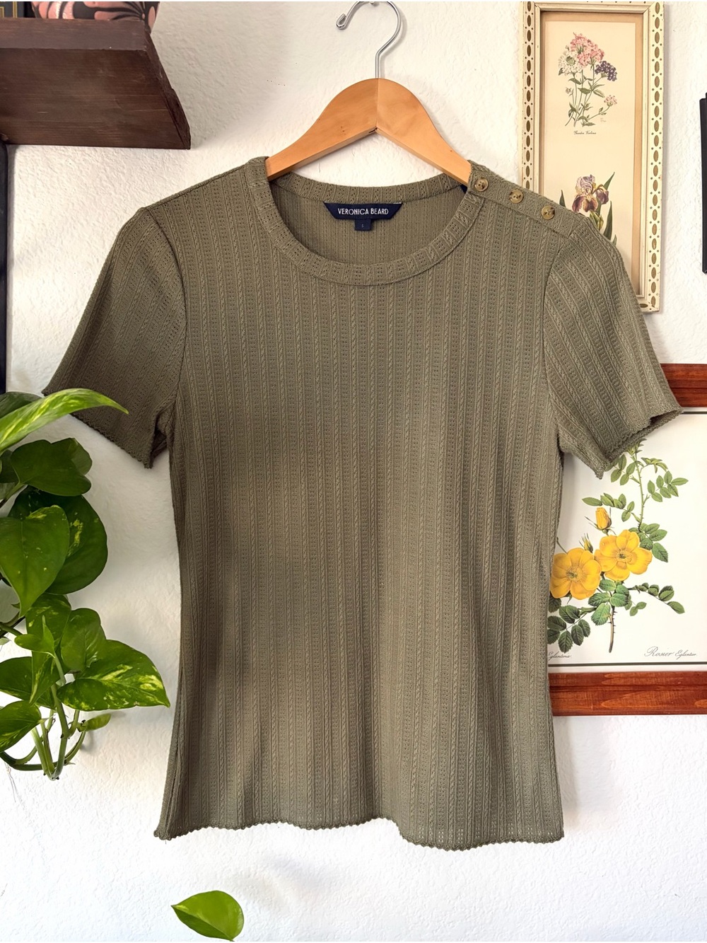 VERONICA BEARD Draya Open Stitch Knit Ribbed Top in Army Green - Small